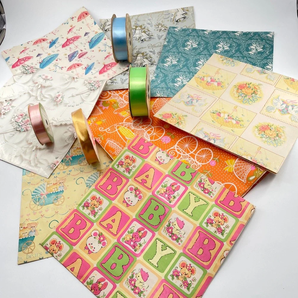Vtg Variety Gift Wrap 4 Ribbon Lot Baby Wedding Shower Mid Century Junk Journal